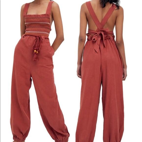 Free People Pants - Free People NWT Sienna Smocked Jumpsuit Sumac Size XL Elastic Waist Rope Belt